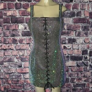 Nasty Gal Rainbow Diamante Lace Up Satin Dress